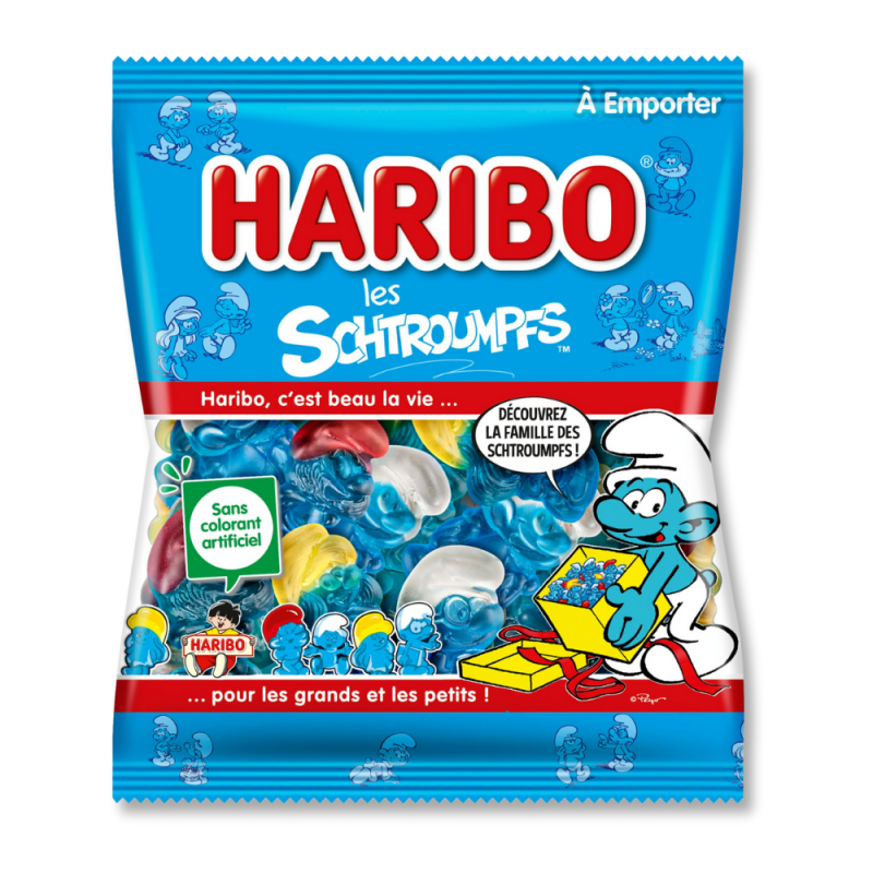 Sachet bleu de schtroumpfs, qui sont des bonbon tout bleu en forme de personnage schtroumpfs de chez Haribo