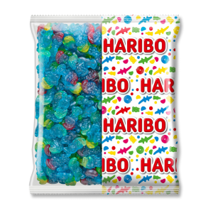 Gros conditionnement de schtroumpfs Haribo, qui sont des bonbon gélifiés tout bleu