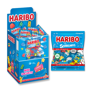 Boit présentoir de mini sachet de schtroumpfs de chez Haribo, qui sont des bonbons gélifiés tout bleu