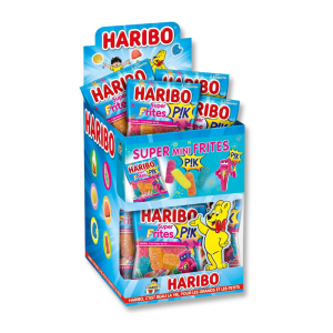 boite présentoirs de mini sachets de super frites haribo de plusieurs couleurs (rouge, verte, bleue, verte et orange)