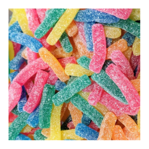 vrac de super frites de chez haribo de plusieurs couleurs (orange, verte, rouge, bleue et jaune)