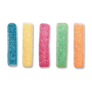 Super frite de chez Haribo en individuel de couleurs bleu, orange, vert, jaune et rouge
