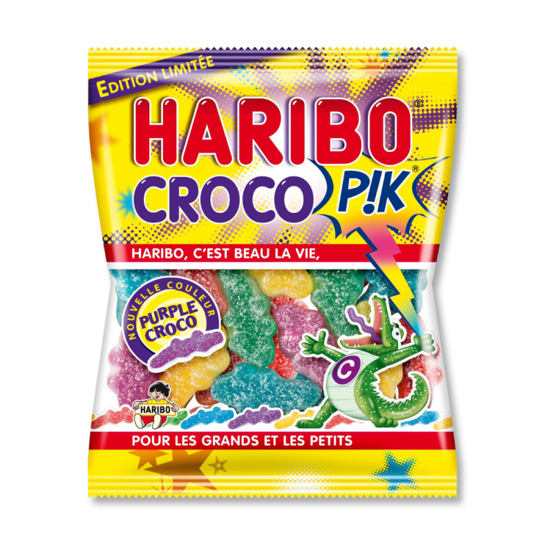Sachet jaune Haribo de croco pik, qui sont des crocodile qui piques