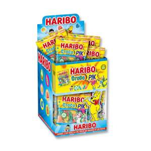 Boite présentoirs de mini sachets de croco pik, ce sont des bonbons gélifiés qui piquent en forme de crocodile