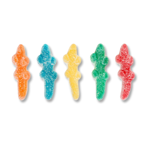 Bonbon croco pik de chez Haribo, des crocodiles gélifiés de couleurs orange, bleu, jaune, vert, rouge