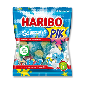 Sachet bleu Haribo de schtroumpfs pik, ce sont des bonbon en forme de schtroumpfs qui piquent