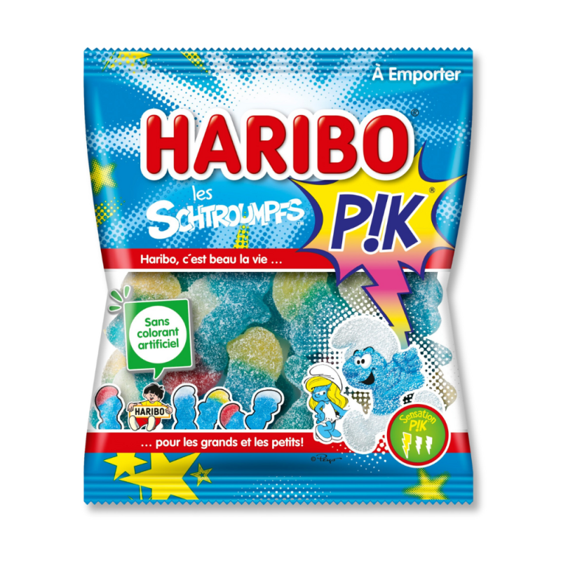 Sachet bleu Haribo de schtroumpfs pik, ce sont des bonbon en forme de schtroumpfs qui piquent