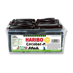 Boite tubo de cocobat Haribo, qui sont des bâtonnets noirs de réglisses