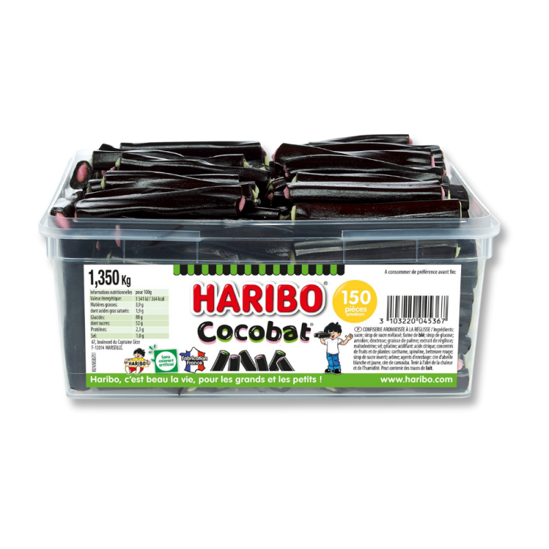 Boite tubo de cocobat Haribo, qui sont des bâtonnets noirs de réglisses