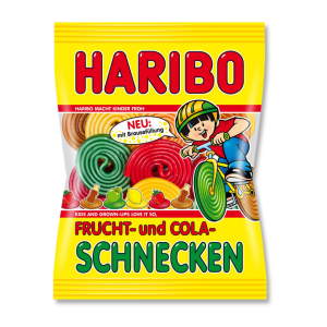 Sachet jaune de rouleaux gélifiés de couleurs de chez Haribo