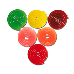 Plusieurs rouleaux gélifiés de chez Haribo de plusieurs couleurs, vert, jaune, rouge et rose