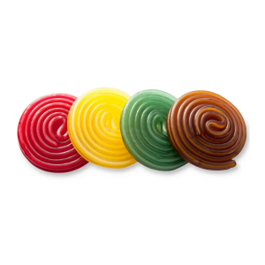 Rouleaux gélifiés de chez Haribo, de couleurs vert, jaune, rouge et marron