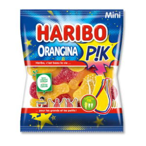 Sachet bleu haribo orangina pik avec une fenêtre transparente pour voir les bonbons