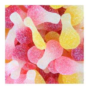 Bonbon haribo orangina en vrac de couleurs jaune, rose et rouge