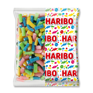 Sachet gros conditionnement de rainbow pik de chez haribo de couleurs vert, bleu, rose et jaune