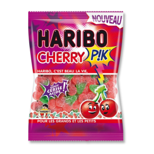 Sachet Haribo de couleurs rouge et violet de cherry pik qui sont des bonbons en forme de cerises
