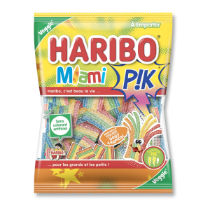 Sachet  Haribo de couleur jaune de miami pik tropical avec une fenêtre transparente pour voir les bonbons