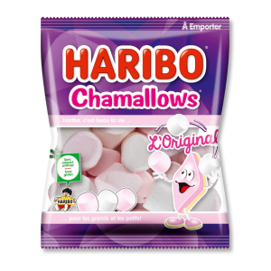 Sachet haribo de couleur violet avec une fenêtre pour voir les marshmallows