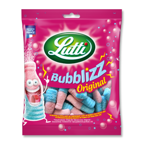 Sachet de couleur rose lutti de bonbon bubblizz en forme de bouteille rose et bleu