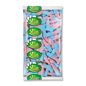 Sachet gros conditionnement transparent de chez lutti qui laisse apparaitre des bonbons bubblizz de couleur bleu et rose