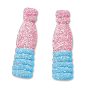 Bonbon en forme de bouteille rose et bleu bubblizz de la marque lutti