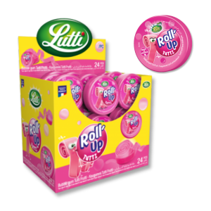 Boite présentoir de chewing gum roll up tutti frutti de chez lutti qui sont des rouleaux de chewing gum rose