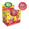 Boite présentoir de chewing gum roll up fraise de chez lutti, qui sont des chewing gum en bande à la fraise rose