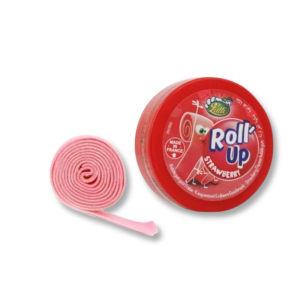 chewing gum roll up fraise de chez lutti, qui sont des chewing gum en bande à la fraise rose