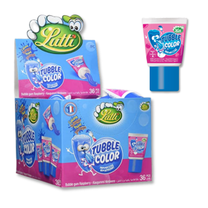 Boite présentoir de tubble gum qui est un chewing gum en tube à la framboise tache langue de couleur bleu