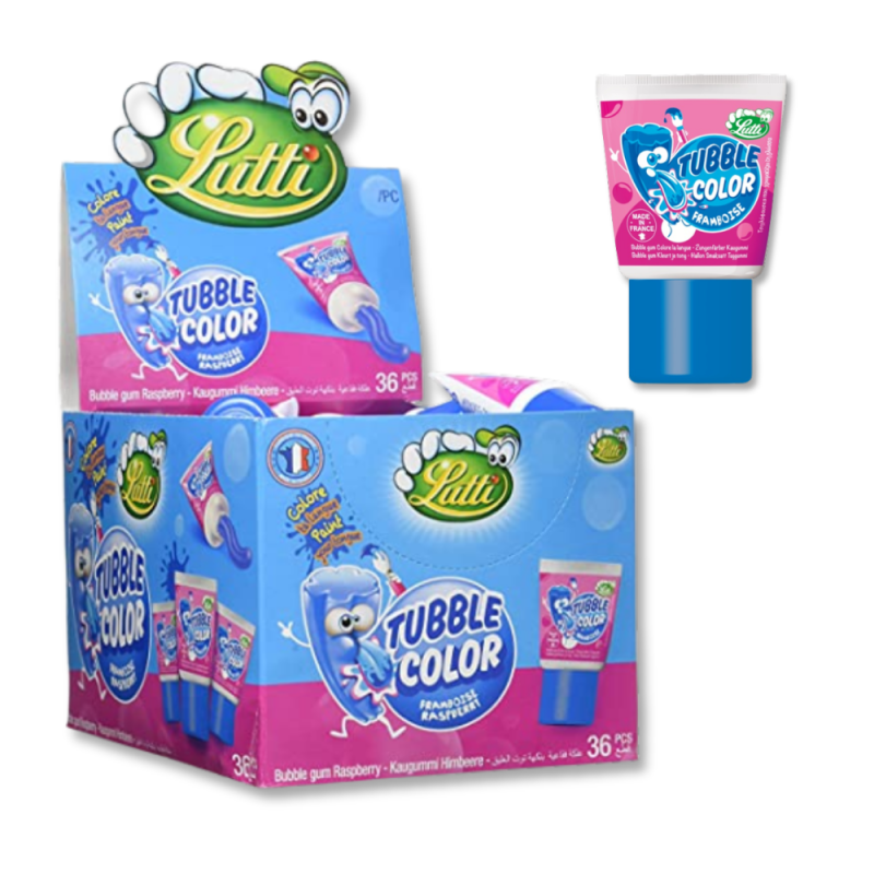 Boite présentoir de tubble gum qui est un chewing gum en tube à la framboise tache langue de couleur bleu