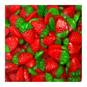 Vrac de fraise sauvage lisse qui sont des bonbons à la fraise en gélatine de couleur rouge t vert et en forme de fraise
