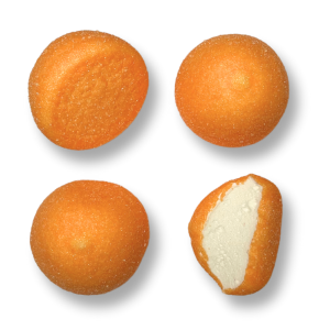 balle de golf de chez fini en individuelle qui sont des guimauves à la pêche de couleur orange