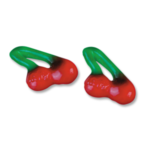 Cerise gélifiée lisse en individuel qui sont des bonbons gélifiée à la cerise et en forme de cerise de couleur rouge et verte