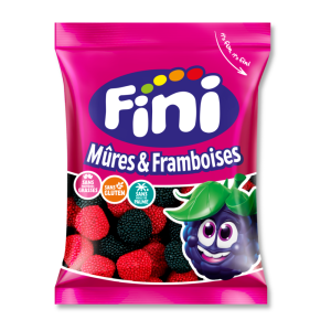 Sachet de mûres rouges et noires de chez FINI qui sont des bonbons aux goût et à la forme de mûres