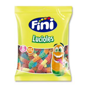 Sachet vers acidulés fluo de chez Fini qui sont des lucioles acidulés multicolores