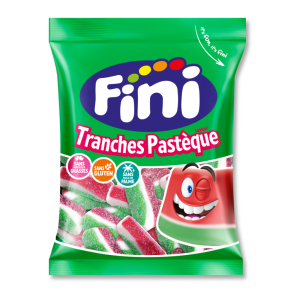 Sachet de tranches de pastèques acidulés de la marque FINI qui sont des bonbons au goût et à la forme de pastèques