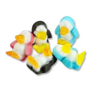 pingouins couleurs assortis de la marque Trolli qui sont des bonbons gélifiés de couleurs rose, bleue et noir