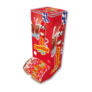 Présentoir rouge carambar cola qui sont des bonbons en barre au goût de cola