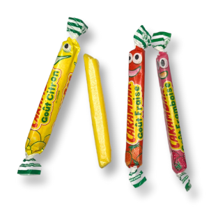 Carambar fruits en individuel aux couleurs jaunes, rouge et rose et au goût de fruits