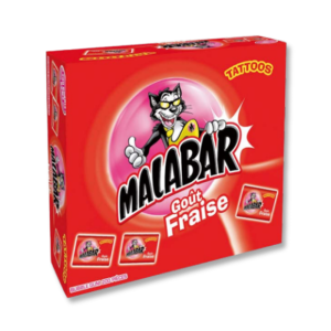 Boite rouge maladar qui sont des chewing-gum à la fraise avec une tatouage dedans