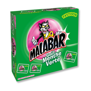 Boite verte de malabar à la menthe qui sont des chewing-gum à la menthe avec un tatouage dans l'emballage