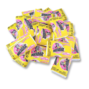 malabar jaune tutti frutti en individuel qui sont des chewing-gum aux fruits avec un tatouage dans l'emballage