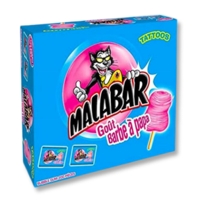 boite bleu malabar qui sont des chewing-gum à la barbe à papa avec un tatouage dans l'emballage