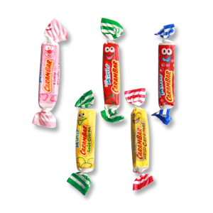 Carambar mini mix qui sont des petites pâtes à marché aux fruit de couleurs rose, rouge, bleu, jaune