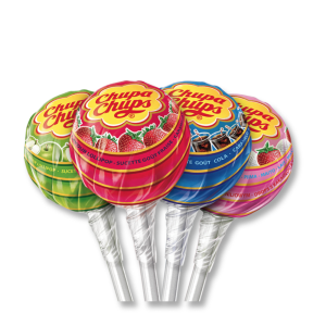 Individuel de sucettes chupa chups best of, rouge à la frais, bleu au cola, vert à la pomme et rose à la fraise et au lait.