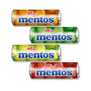 individuel de mini mentos aux fruits orange à l'orange, vert à la pomme verte, jaune au citron et rouge à la fraise