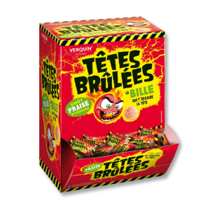 Boite carton de tête brûlée qui sont des billes citriques à sucer à la fraise