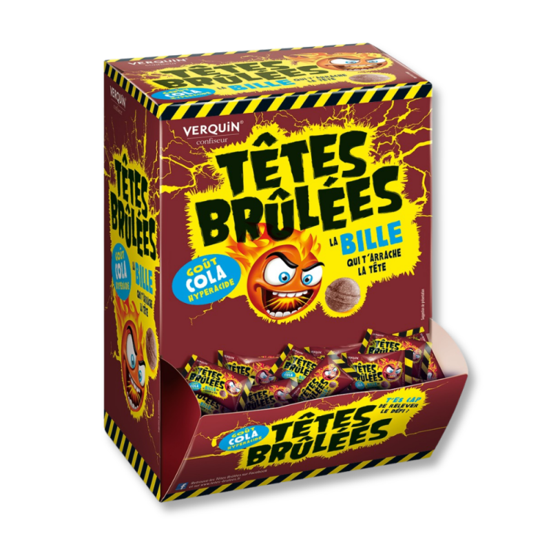 Présentoir boite carton de tête brûlée cola qui sont des billes citriques à sucer au goût de cola