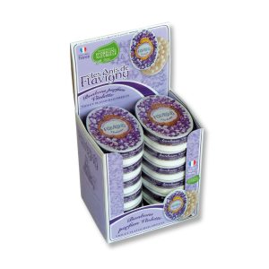 Boite présentoir d'anis de flavigny violette qui sont des grains d'anis vert enrobée de sucre à l'arome naturel de violette