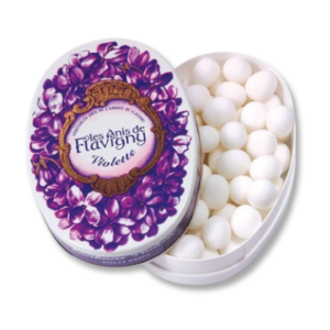 Boite d'anis de flavigny qui sont des grain d'anis vert enrobée de sucre à l'arôme naturel de violette